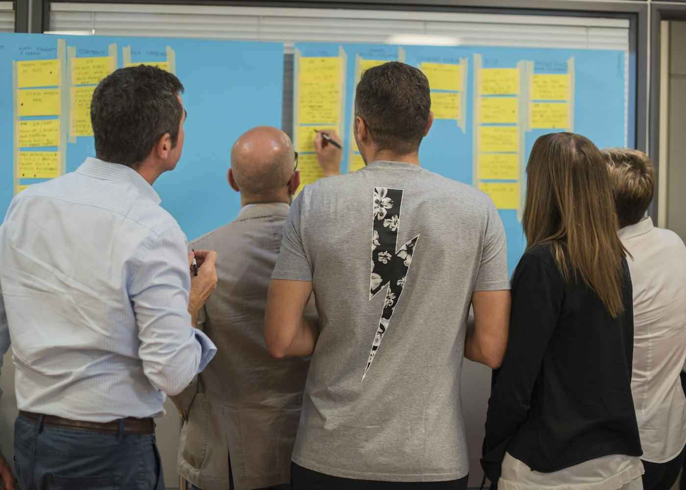 Marketing team planning campaigns at a strategy wall